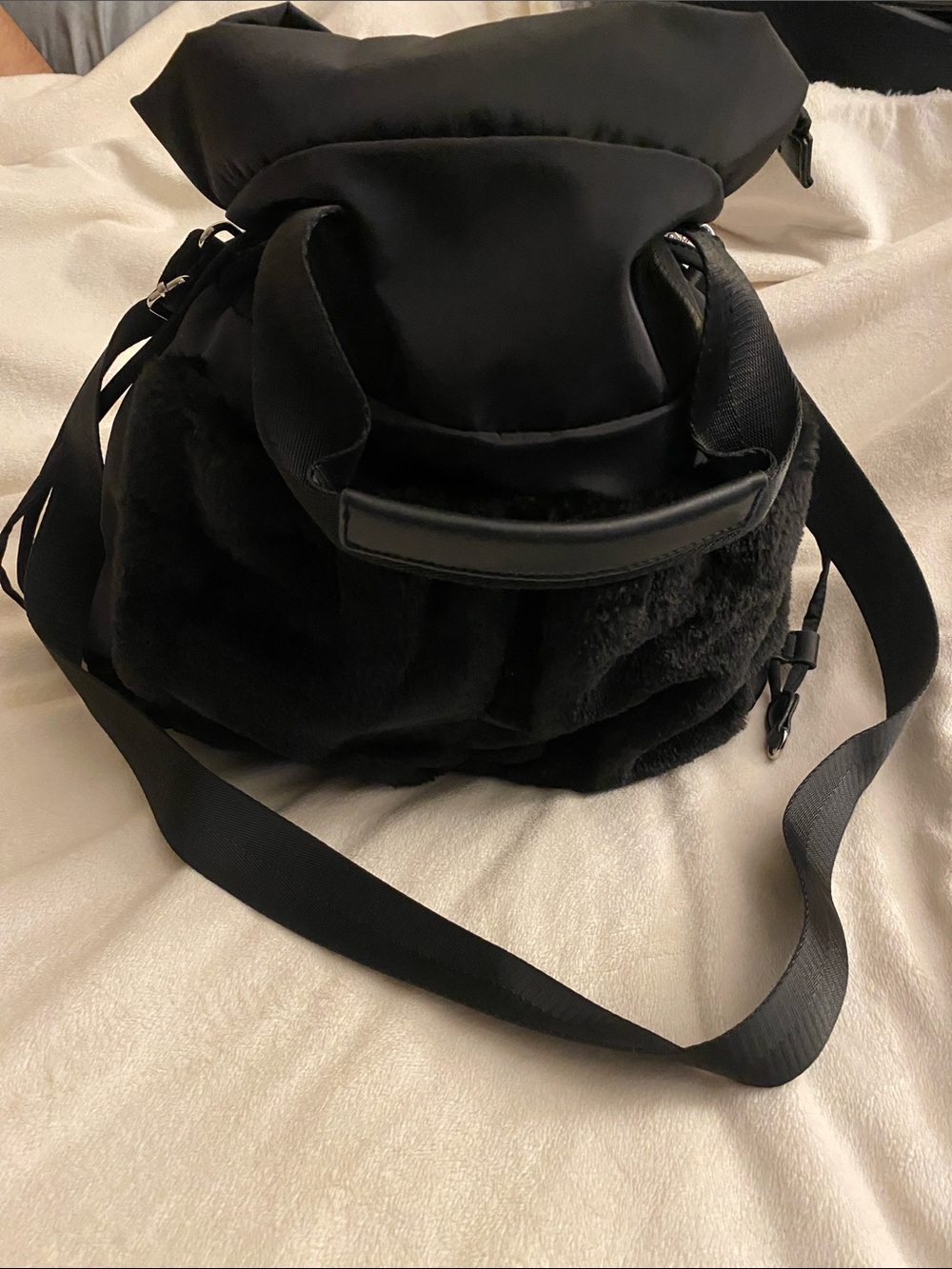 Sondra Roberts Black Faux-Fur Drawstring Backpack and tote bag
